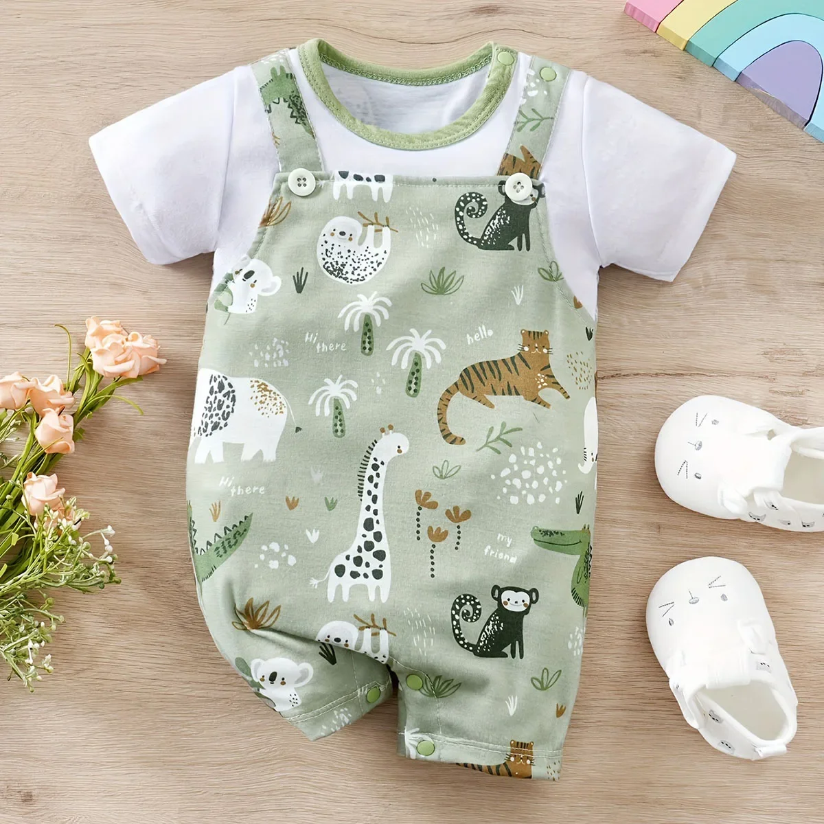 IURNXB urocza niemowlęca Zoo nadruk zwierzęcy Romper dla chłopca noworodek Faux dwuczęściowe body z krótkimi rękawami codzienna odzież do zabawy — zdjęcie 2