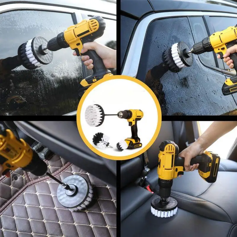 4pcs White Drill Brush Car Detailing Set Soft Bristle Floor Scrubber for Cleaning Boat Seats Carpet Interior and Shower Doors