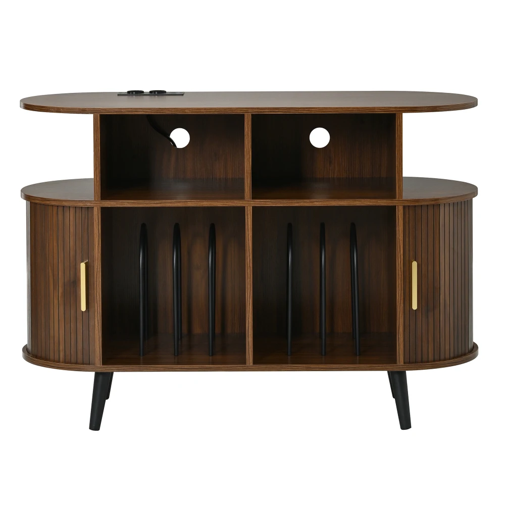 Mueble con paneles de 110 x 40 x 76 cm, estación de carga, compartimentos abiertos, puertas correderas con ranura, pasadiscos para cables, bordes redondeados, mueble moderno para la sala de estar, color nogal.