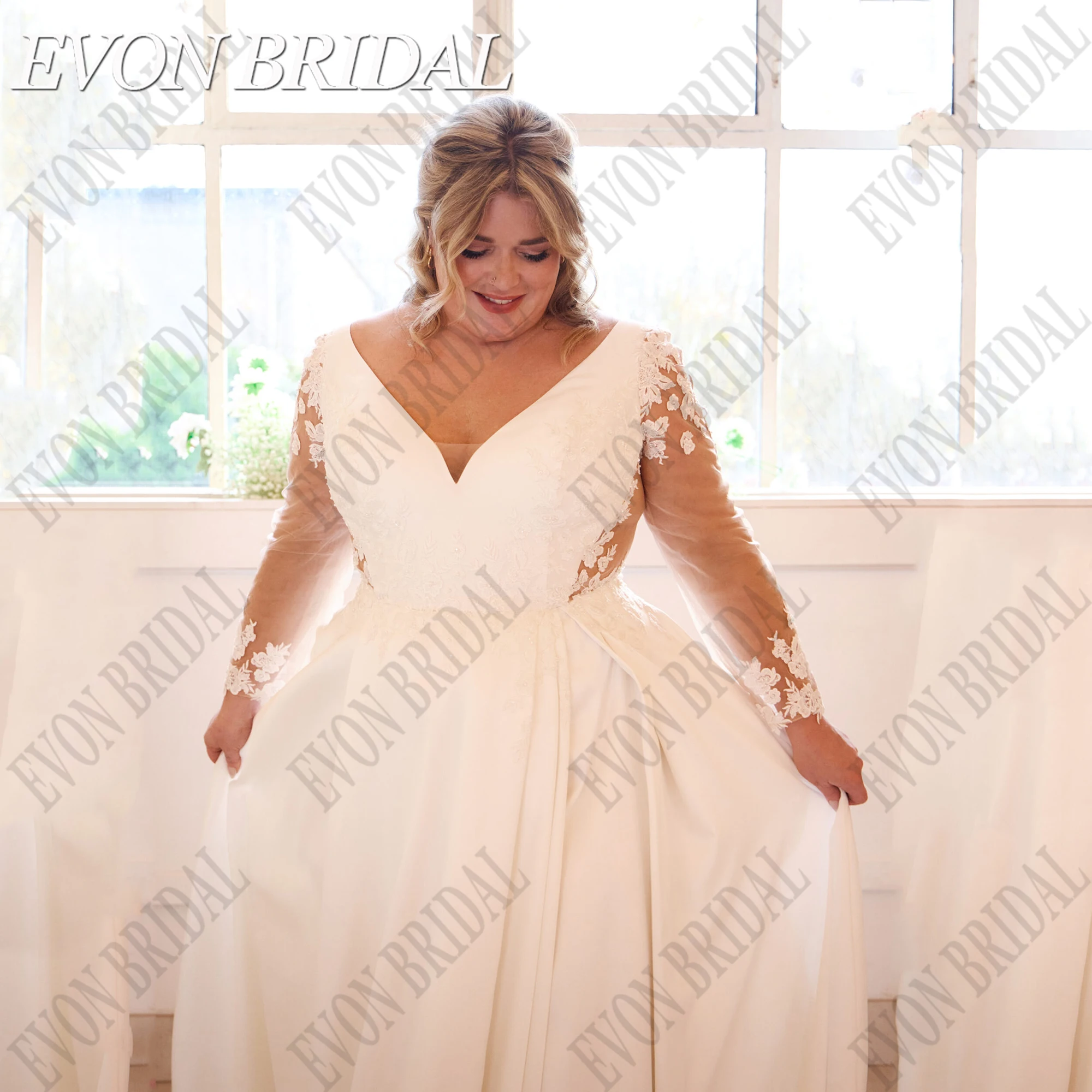 EVON BRIDAL Vintage Satin Wedding Dress Plus Size V Neck Bride Gowns Pocket Applique Split Wedding Dress Long Sleeve Customized