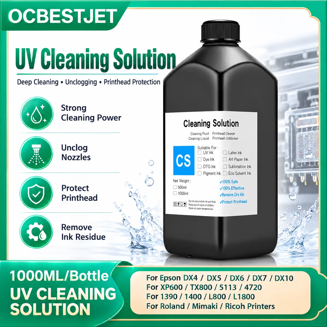 1000ML UV Ink Printhead Cleaning Solution Cleaning Liquid For Epson Roland Mimaki Ricoh Konica UV Modified Printer Cleaning