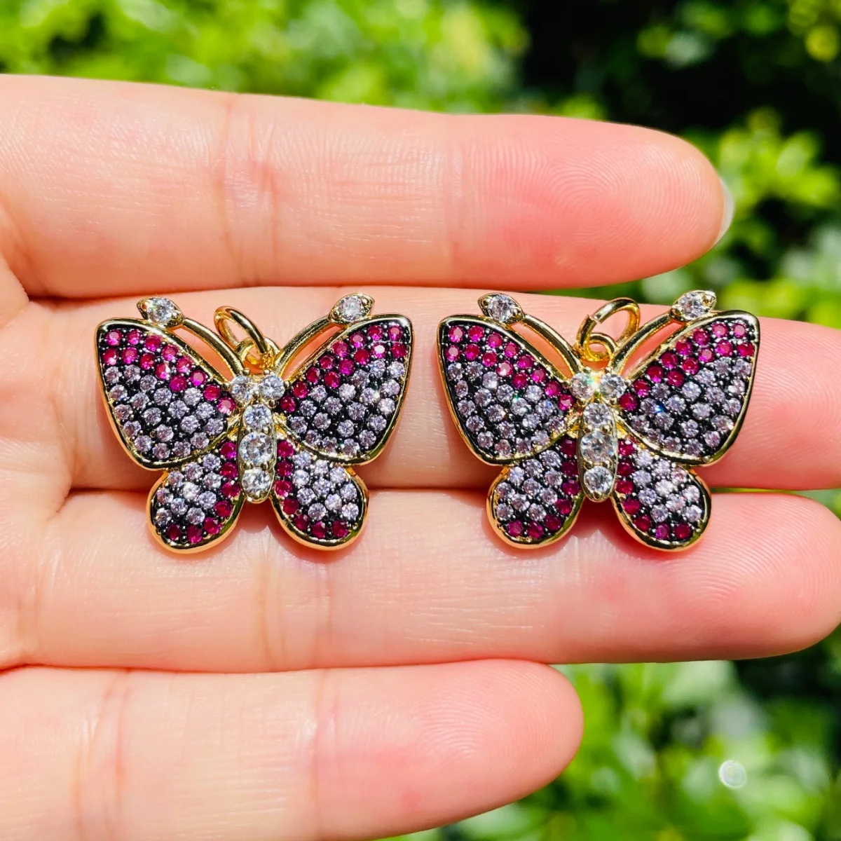 

5pcs Butterfly Charms for Women Bracelet Making Fuchsia Pink Color Zirconia Paved Gold-Plated Necklace Pendant Jewelry Accessory