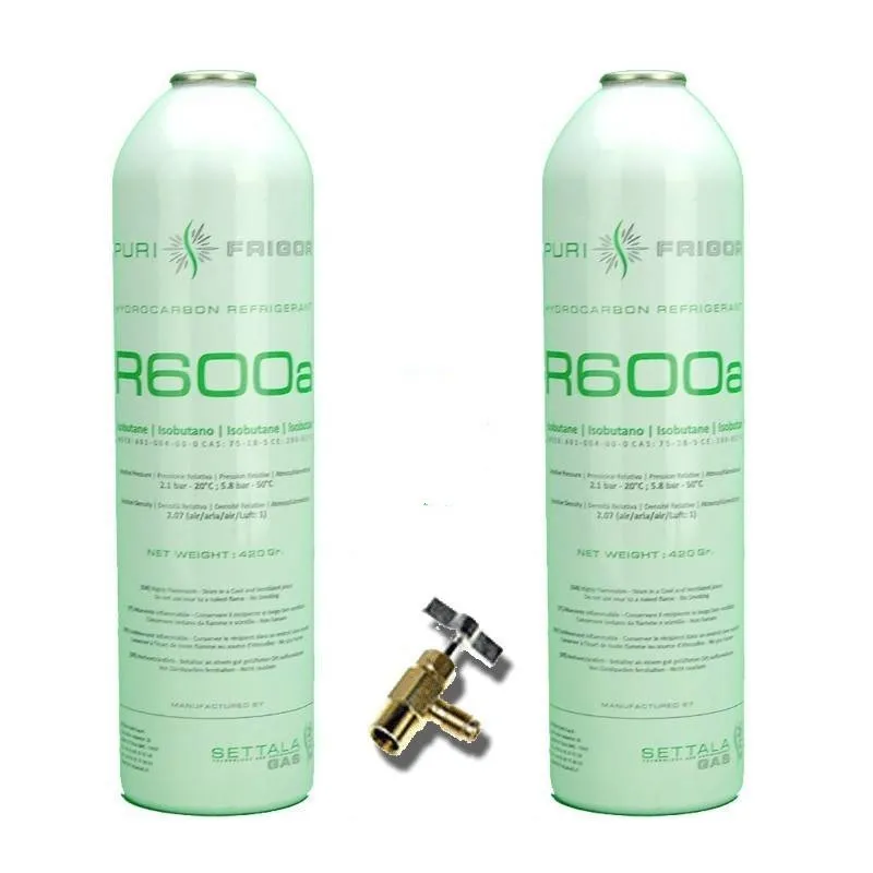 2 bottles refrigerant Gas R600 + valve 420Gr isobutane