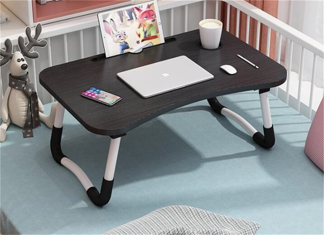 Mesa Laptop Plegable de Madera para Ordenador Portátil en Sofá o Cama. Bandeja Auxiliar Multiusos para Desayuno, Leer o Trabajar，Mesa de ordenador