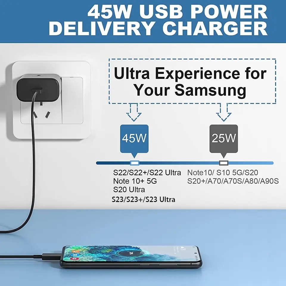 45W PD Fast Charging For Samsung Galaxy S22 S23 Ultra Note10 Plus Mobile Phone USB Type C Cable Fast Quick Charging Wall Adapter