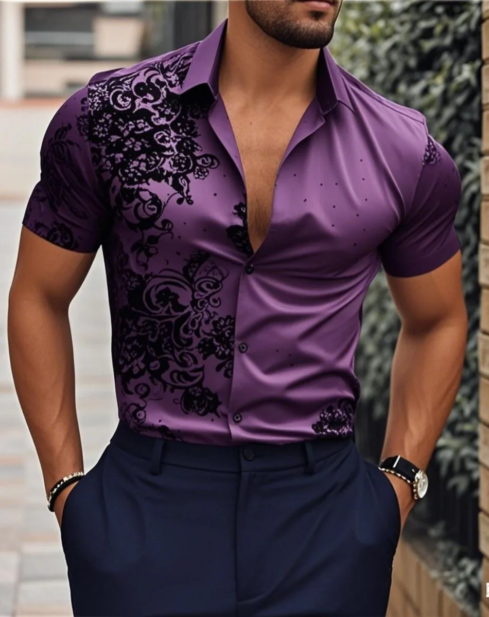 الرجال الوردي موضة قميص هاواي حفلة جديدة الرجال طويلة الأكمام زر طوق قميص التخسيس موضة أنيقة تي شيرت رجالي 6XL