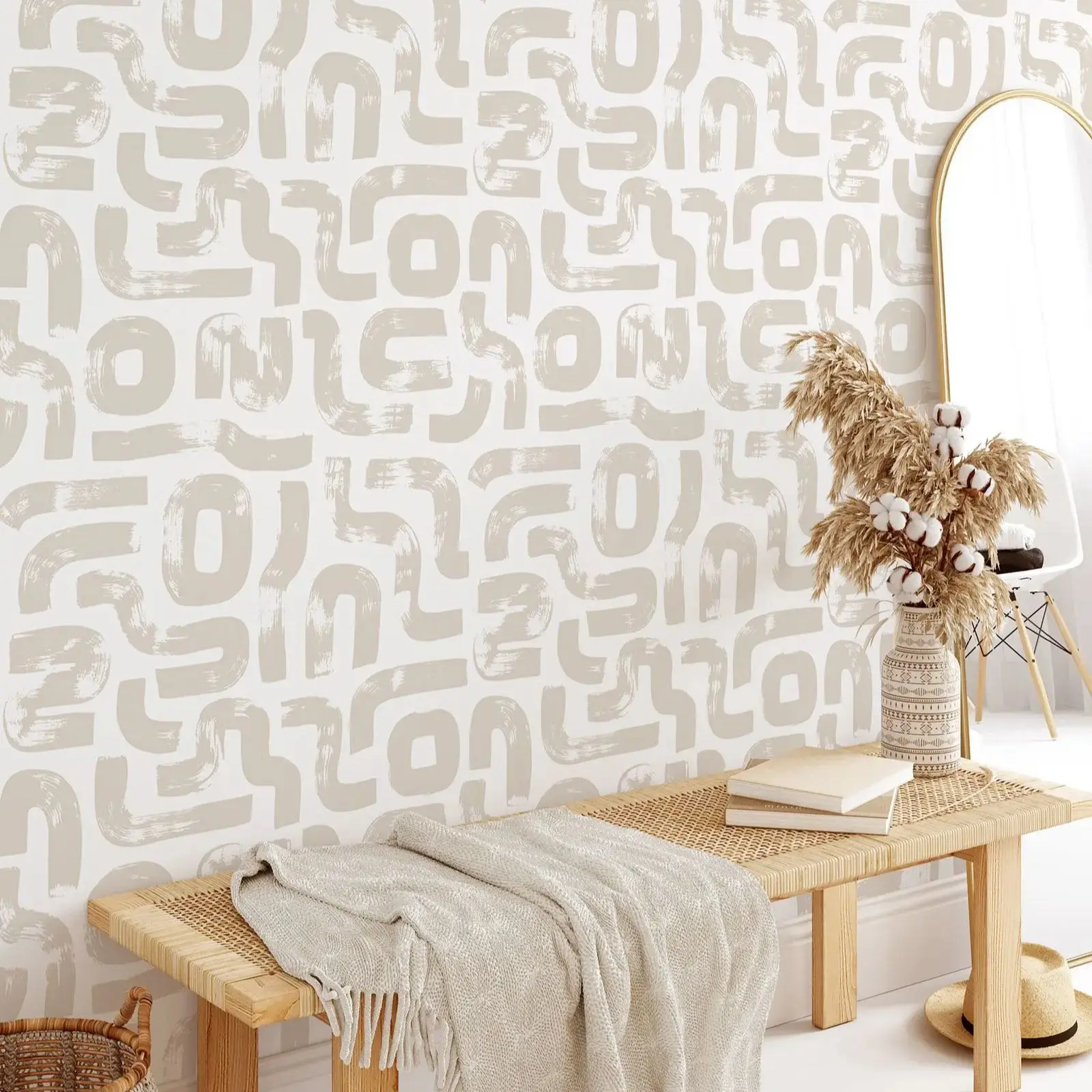 Blush Beige Abstract Line Boho Style  Wallpaper, Scandinavian Design Removable Wall Paper