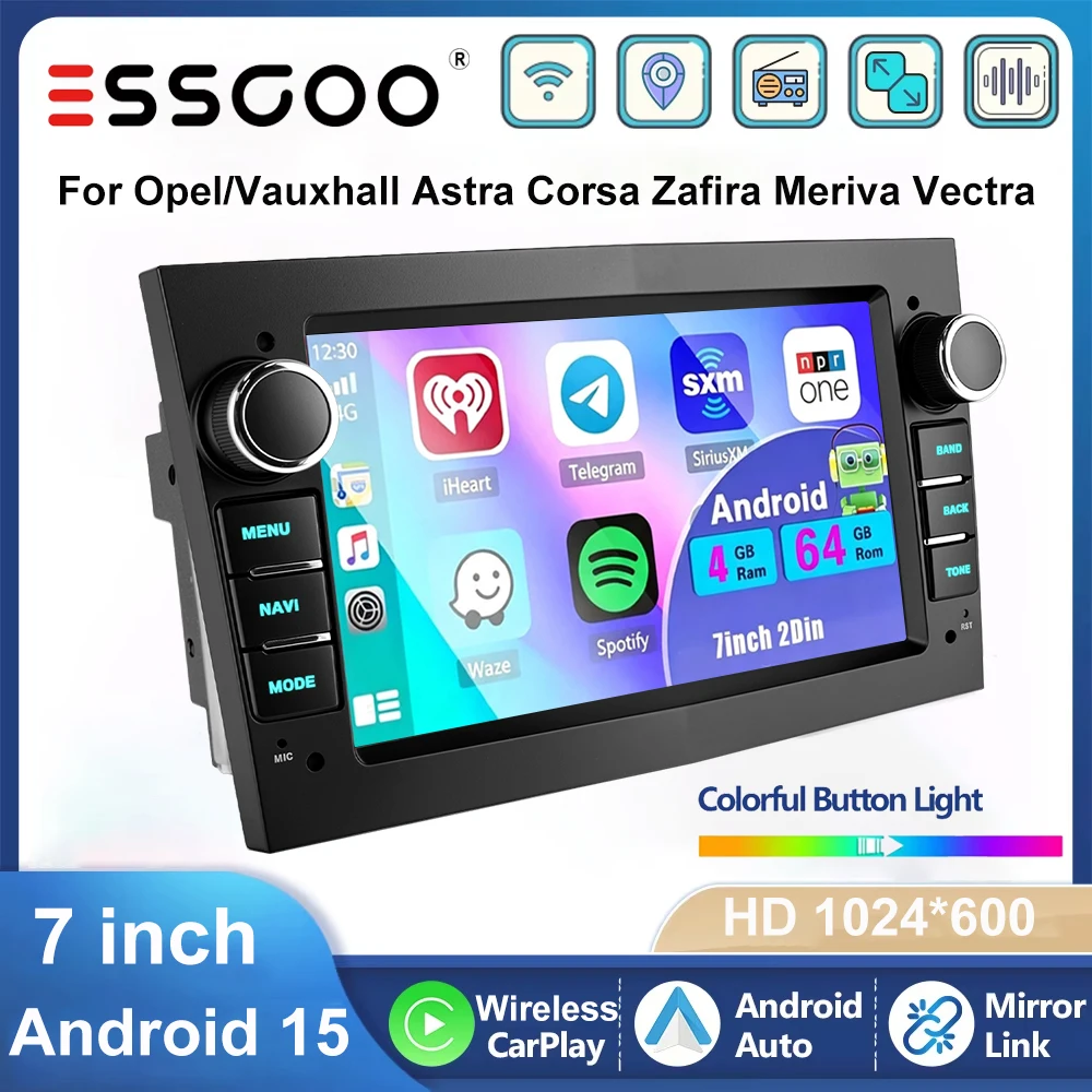 ESSGOO 7" Wireless CarPlay Android 15 4+64GB Per Opel/Vauxhall Astra Corsa Zafira Meriva Vectra Stereo Auto Radio Android Auto GPS NAVI RDS ASP FM WIFI SWC Bluetooth Mirror Link Multimediale Schermo