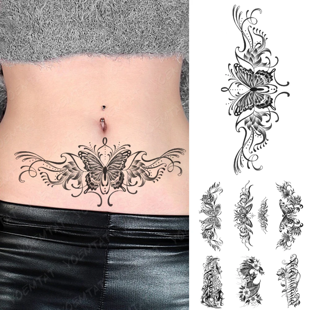 

Henna Butterfly Totem Waterproof Temporary Tattoos Sticker Festival Arm Waist Black Flash Tatoo Body Art Women Fake Tattoo Men