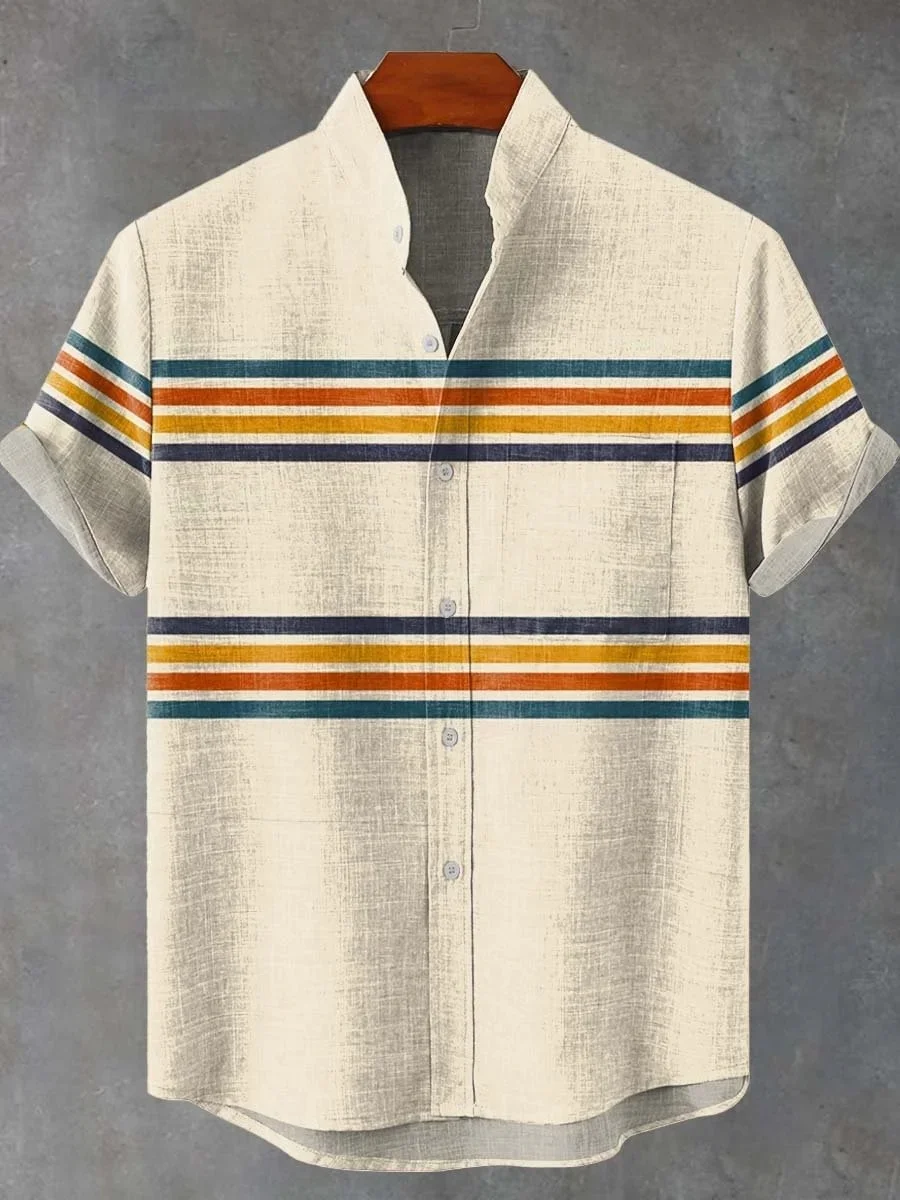Męska koszula hawajska w paski Casual Top z krótkim rękawem Luźna odzież Moda Vintage Letnia koszula Szybka wysyłka