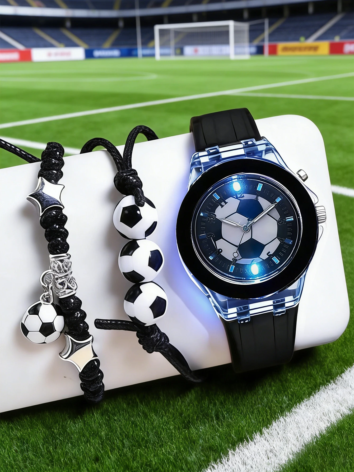 3-piece set, silicone strap luminous watch paired with a football bracelet, round dial, luminous, analog display, an excellent gift for him during the back-to-school and graduation season.