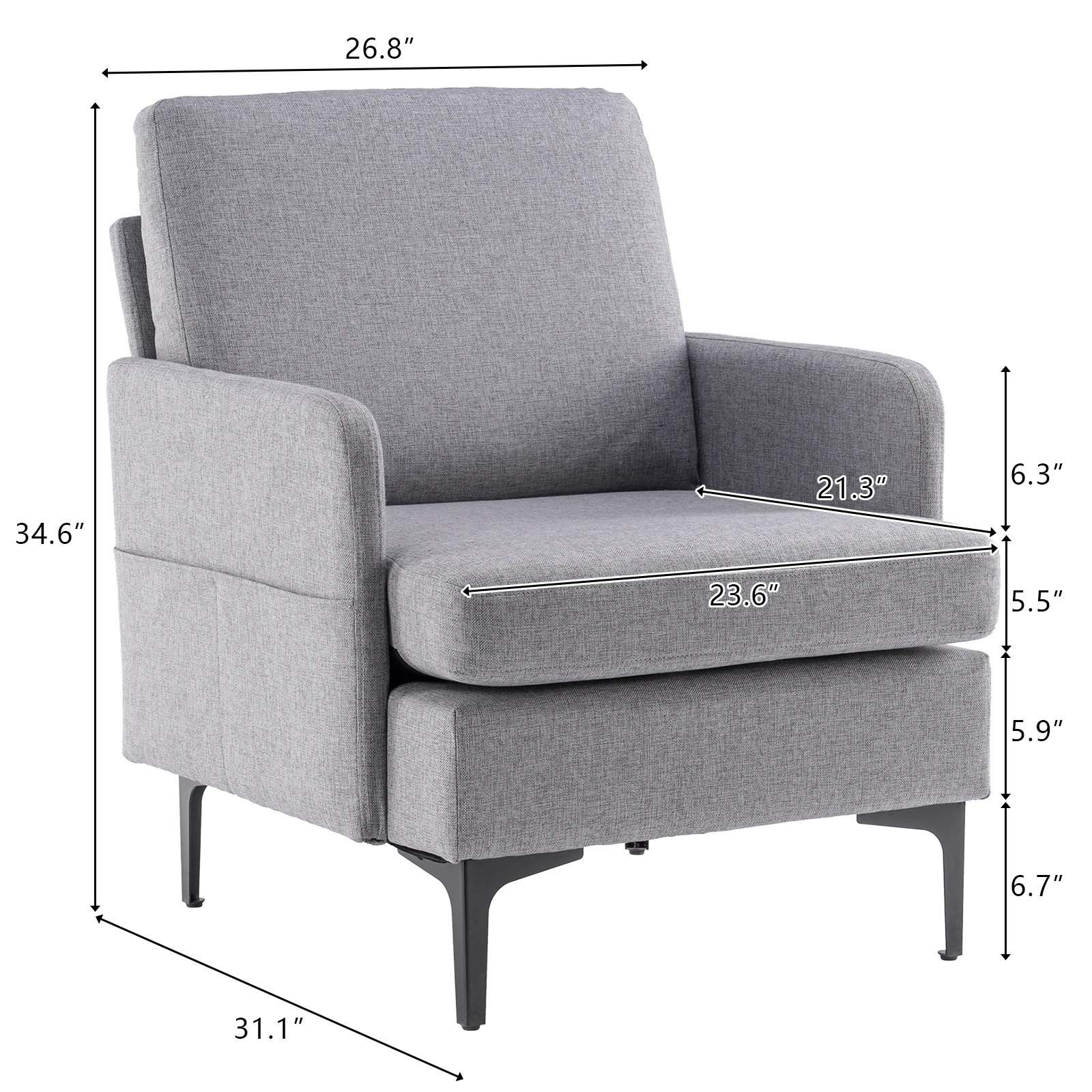 FCH Lounge Chair Comfy Linen Single Sofa Arm Accent Chair for Bedroom Living Room Guestroom Grey/Beige/Blue[US-Stock]