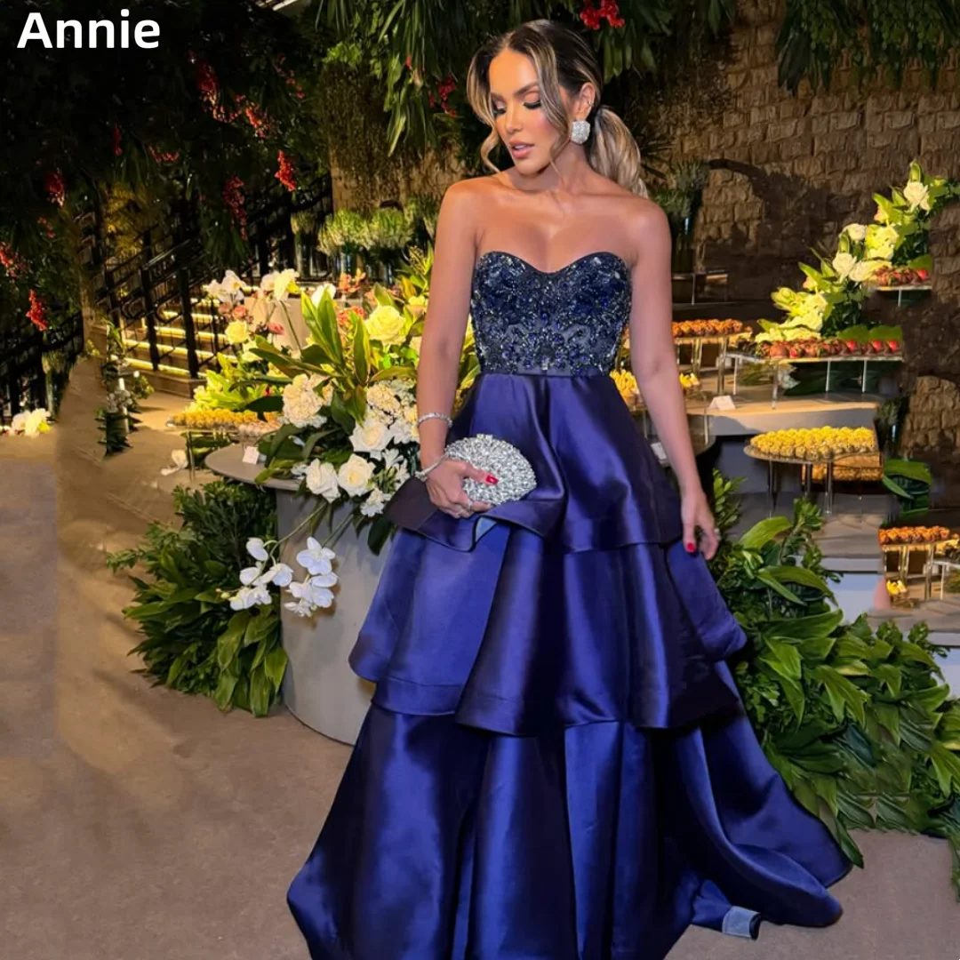 

Annie Beaded Embroidery Prom Dresses Dark Blue Evening Dresses Satin Layered A-line Formal Occasions Wedding Party Dresses