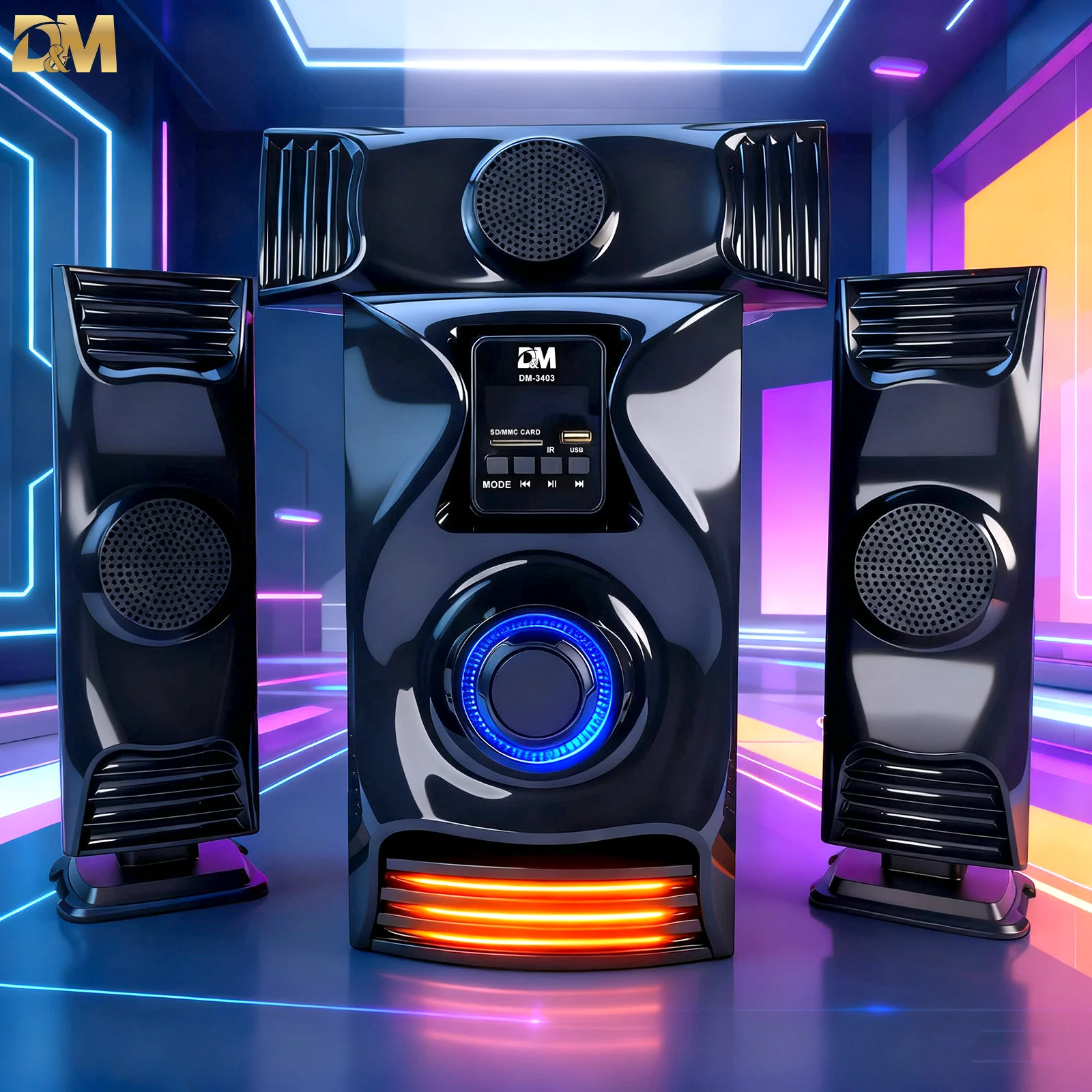 Altavoz Bluetooth 3.1 Canales 3+1 DM-3403, Sonido Potente HD, Iluminación LED Colorida, Mando a Distancia, USB/SD/FM, Compatible con Móvil/PC/TV, Teatro en Casa, Ideal para Música, Películas, Deportes, Juegos y Fiestas