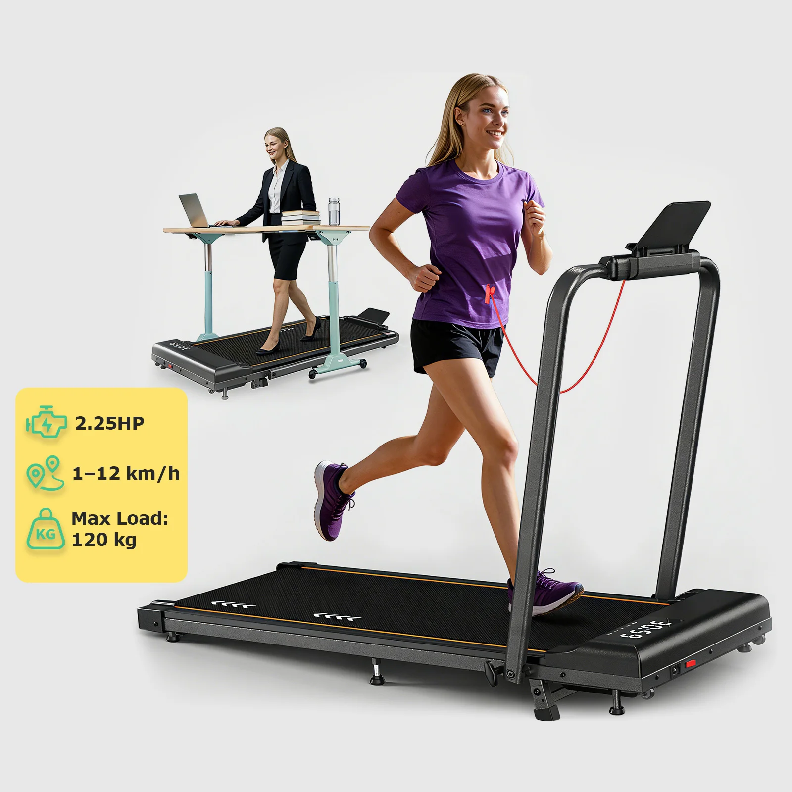 JUICEASE T2 Opvouwbare loopband met 7% hellingshoek, 2,25 pk stille motor, slimme app, drie schermweergaven, snelheid 1–12 km/u, draagvermogen 120 kg, loopmat voor thuis en op kantoor