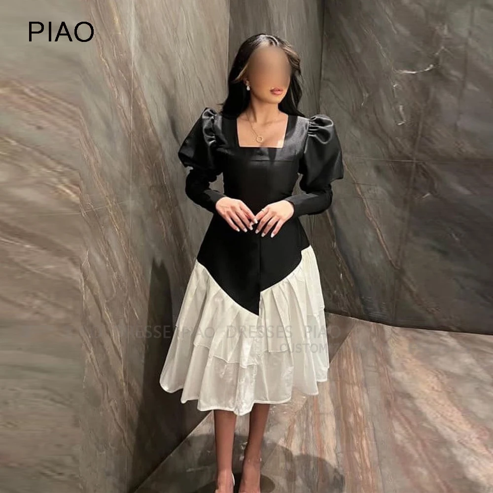 

PIAO Classic Black White A Line Evening Party Dresses Full Sleeves Square Neck Knee Length Prom Gowns Event Night Dress Vestidos