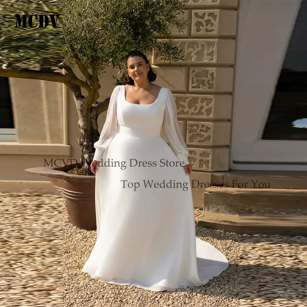 

MCDV Plus Size Bridal Gowns Simple Square Neck Long Puff Sleeve Wedding Dress Backless Boho vestidos de novia 2026 Customized