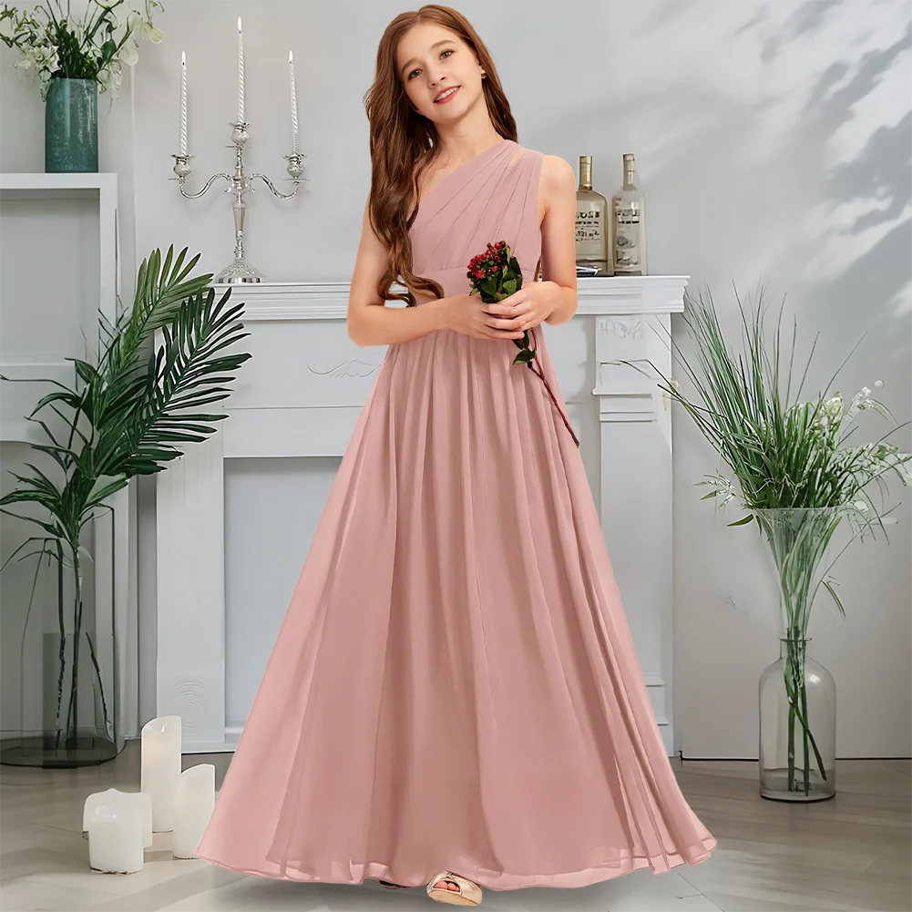

Luxurious One Shoulder Junior Bridesmaid Dress Merlot Flower Girl Dress Floor-Length Chiffon With Cascading Ruffles Wedding