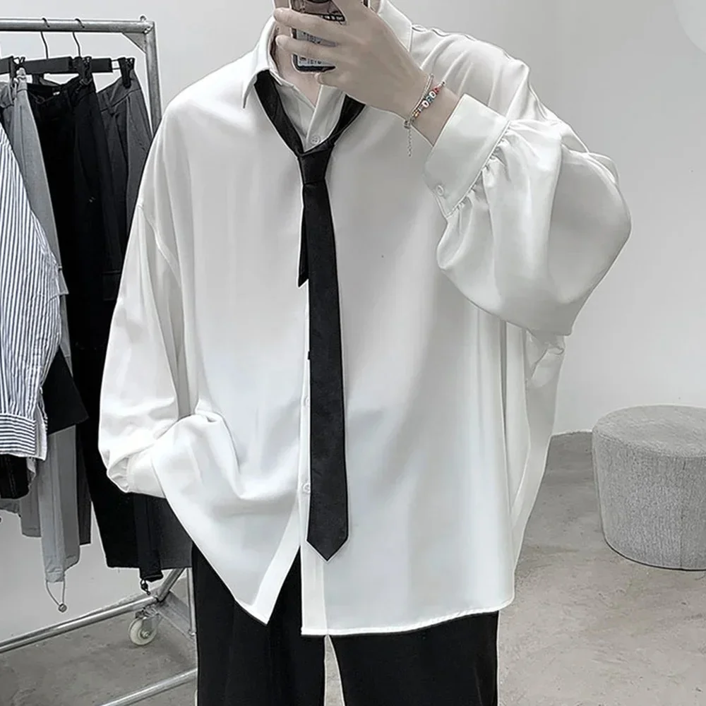 Koreański styl Męskie koszule z długim rękawem Czarny krawat Przytulne Casualowe Solidne Bluzki Oversize Oddychająca Luźna Koszula Harajuku Odzież Męska — zdjęcie 2