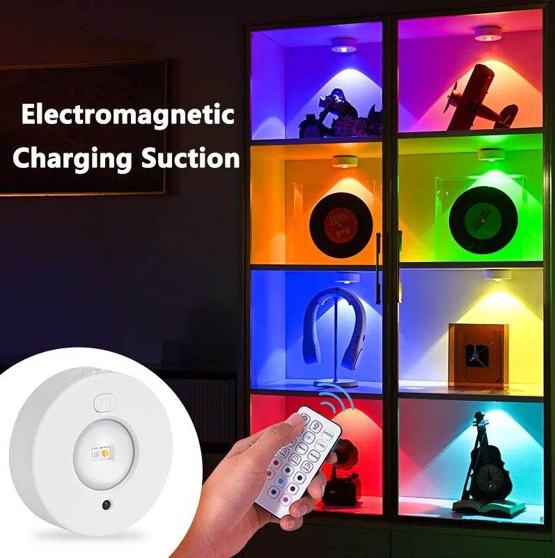 Rechargeable Led Cabinet Light Magnetic Suction Wiring-Free Closet Liquor Cabinet Cat Eye Lights Remote Control RGB Puck Lamp