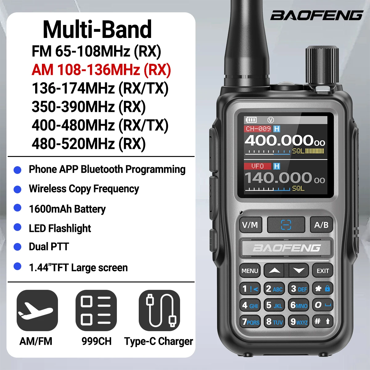 BAOFENG UV-5R جهاز اتصال لاسلكي صغير كامل النطاق بلوتوث برمجة نسخة لاسلكية تردد 999CH AM FM رحلة راديو لحم الخنزير طويلة المدى