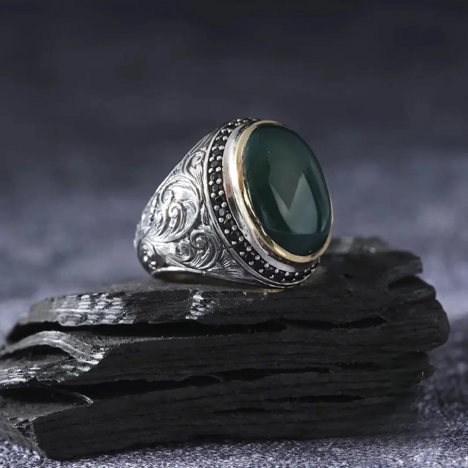 Jade Stone 925 Sterling Silver Mens Gemstone Adjustable Turkish Handmade Customizable Oval Ring