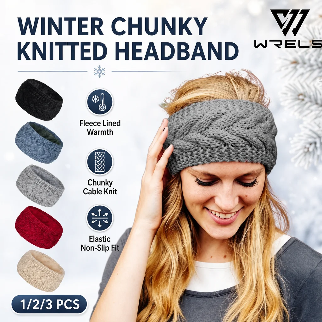 Winter Warm Knitted Headband Fuzzy Fleece Lined Ear Muff Hairband Chunky Cable Knit Head Wrap Women Running Skiing Turban
