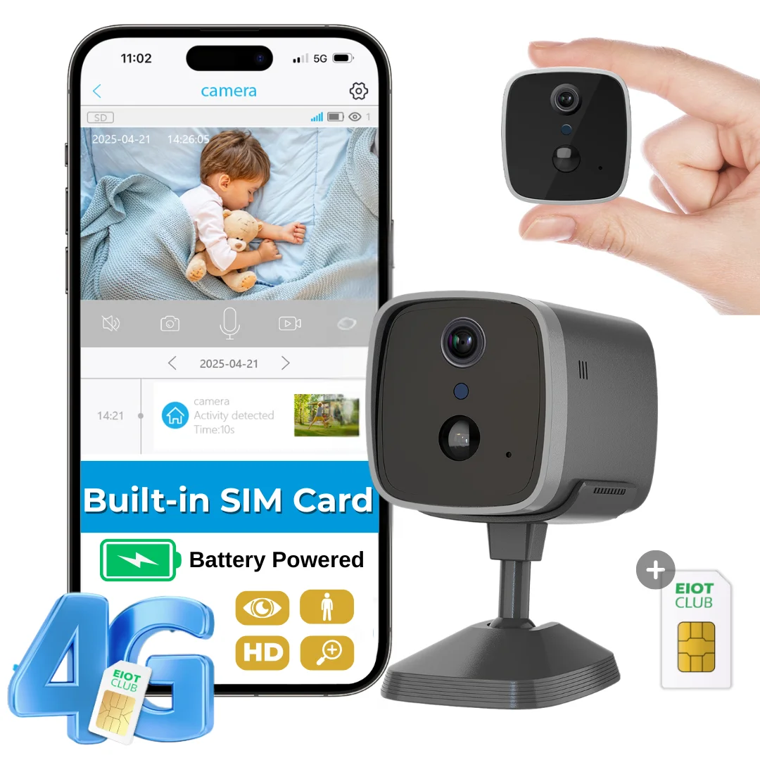 4G Tiny Security Camera with SIM Card Wireless Cam Built-in Battery Human Detection Night Vision 2K HD No Wi-Fi Indoor Camera