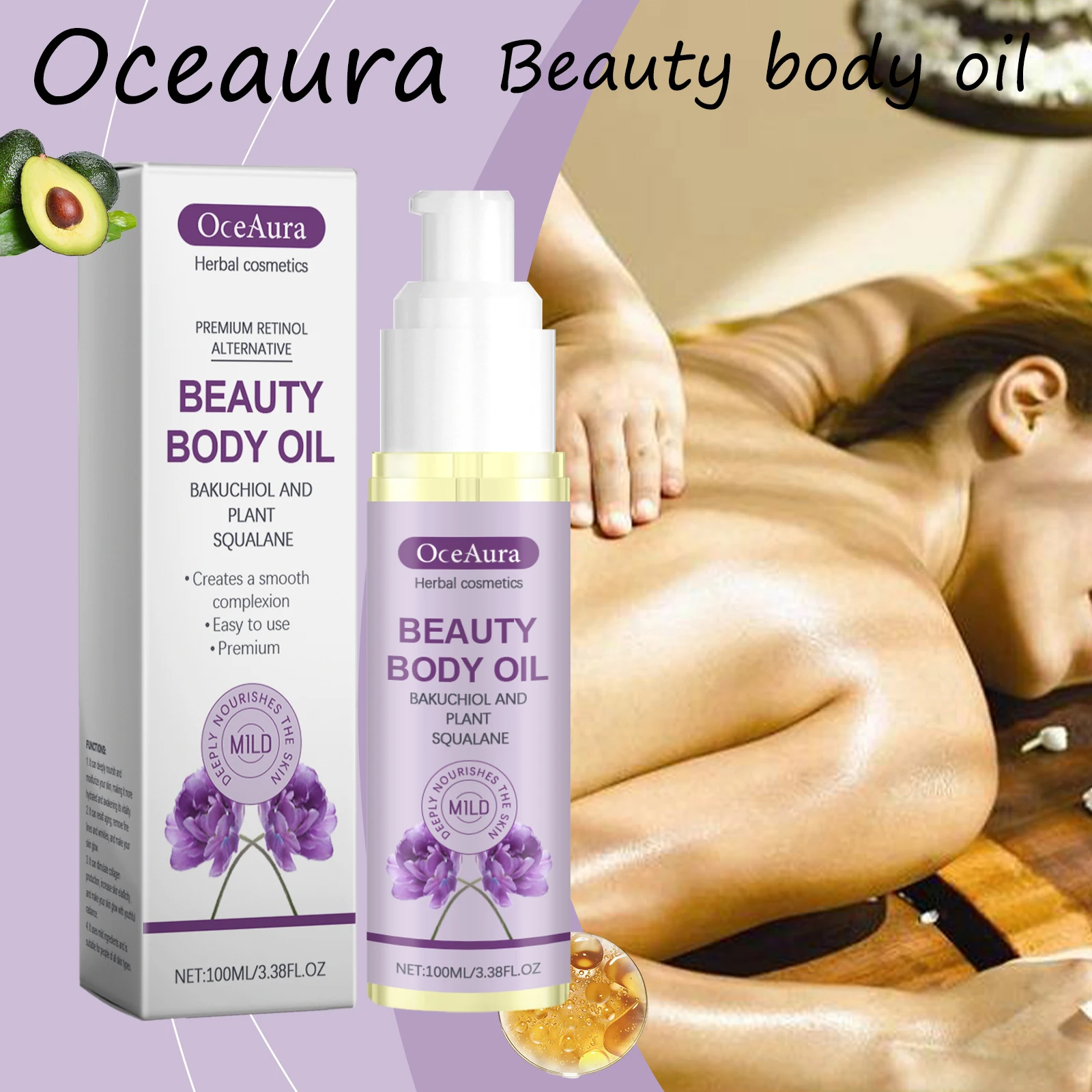 

Oceaura Beauty Body Oil Восстановление поврежденной кожи Улучшение эластичности кожи Нежирное облегчение стресса и тревоги Эссенционное масло для тела