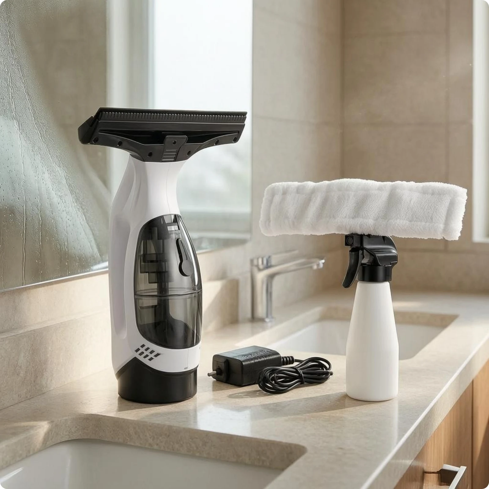 Electric Glass Cleaner Handheld Cordless Rechargeable Window Squeegee with Spray Bottle for Bathroom Car Mirror Tiles Cleaning