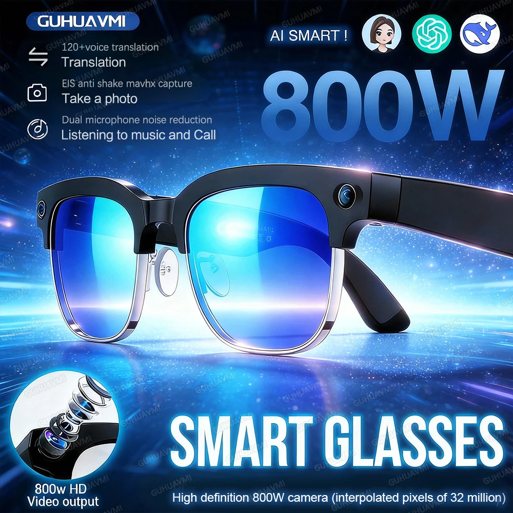 2026 Nouveau 800W pixel mise à niveau lunettes intelligentes avec caméra, enregistrement vidéo 1080P, appel Bluetooth, assistant vocal, traduction linguistique, lunettes de soleil intelligentes pour hommes femmes