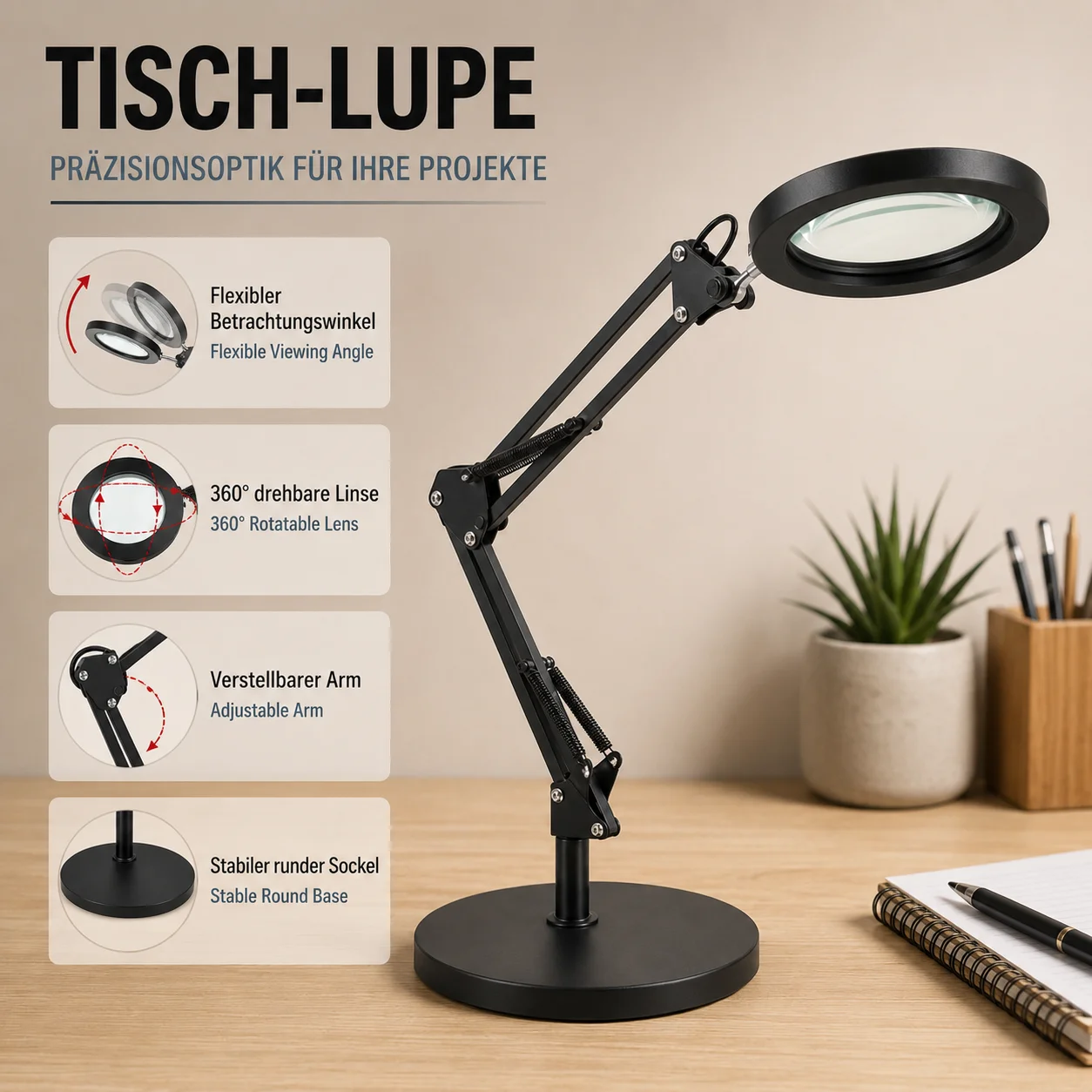 10X Magnification Black Magnifying Glass with Adjustable Angle, Stable Desktop Stand Compatible Magnifier for Manual Rep