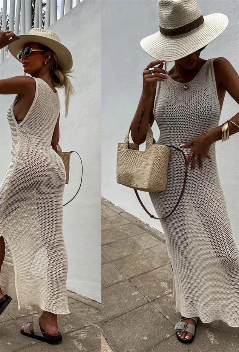 Women Sleeveless Side Slit Long Bandage Dress Sexy Crochet Bikini Cover-Up Beach Knit Swimsuit Female Swimwear Beachwear Outfits