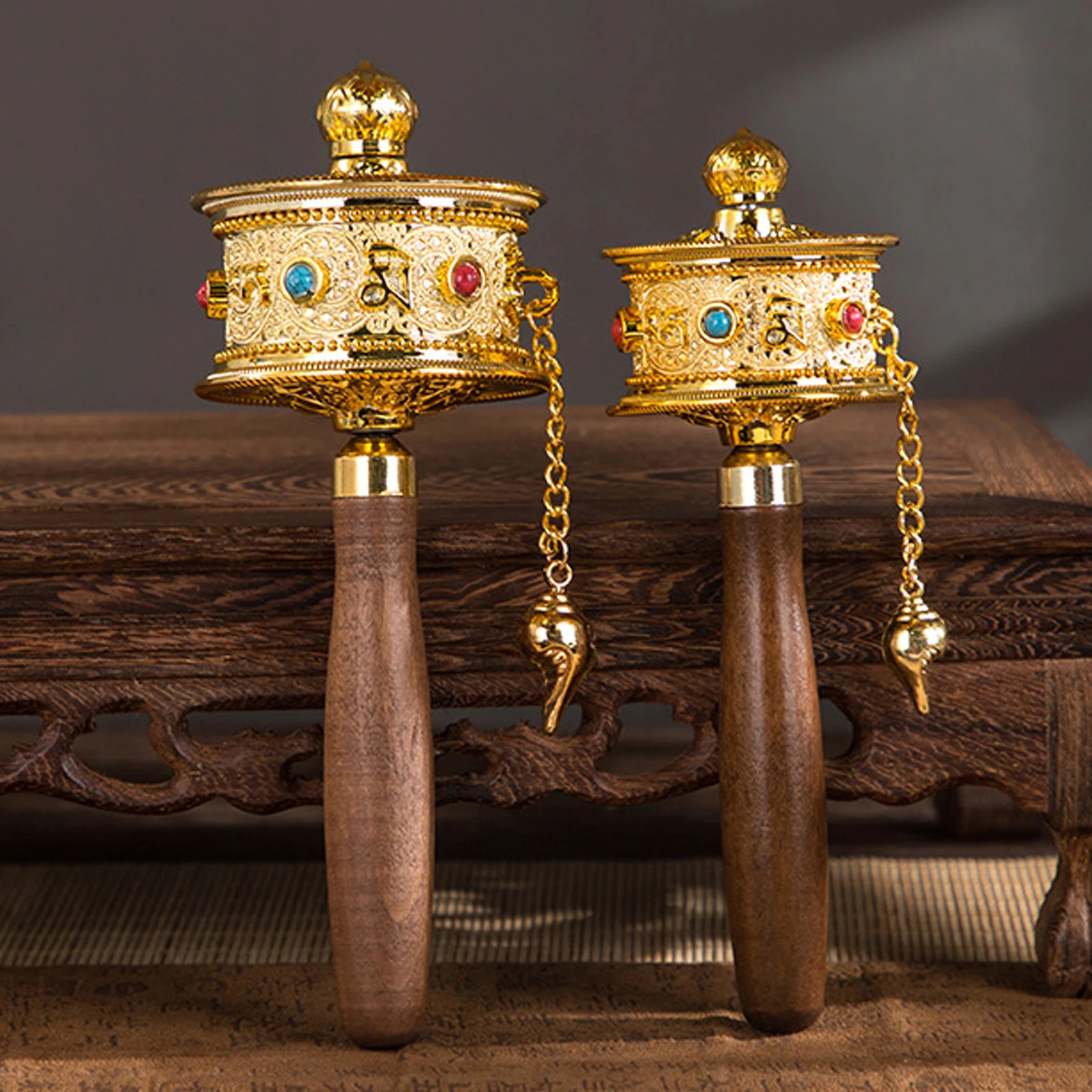 Wooden Handle Tibetan Prayer Wheel Handheld Buddhist Premium Buddha Scriptures Turn Praying Instrument for Meditation Room