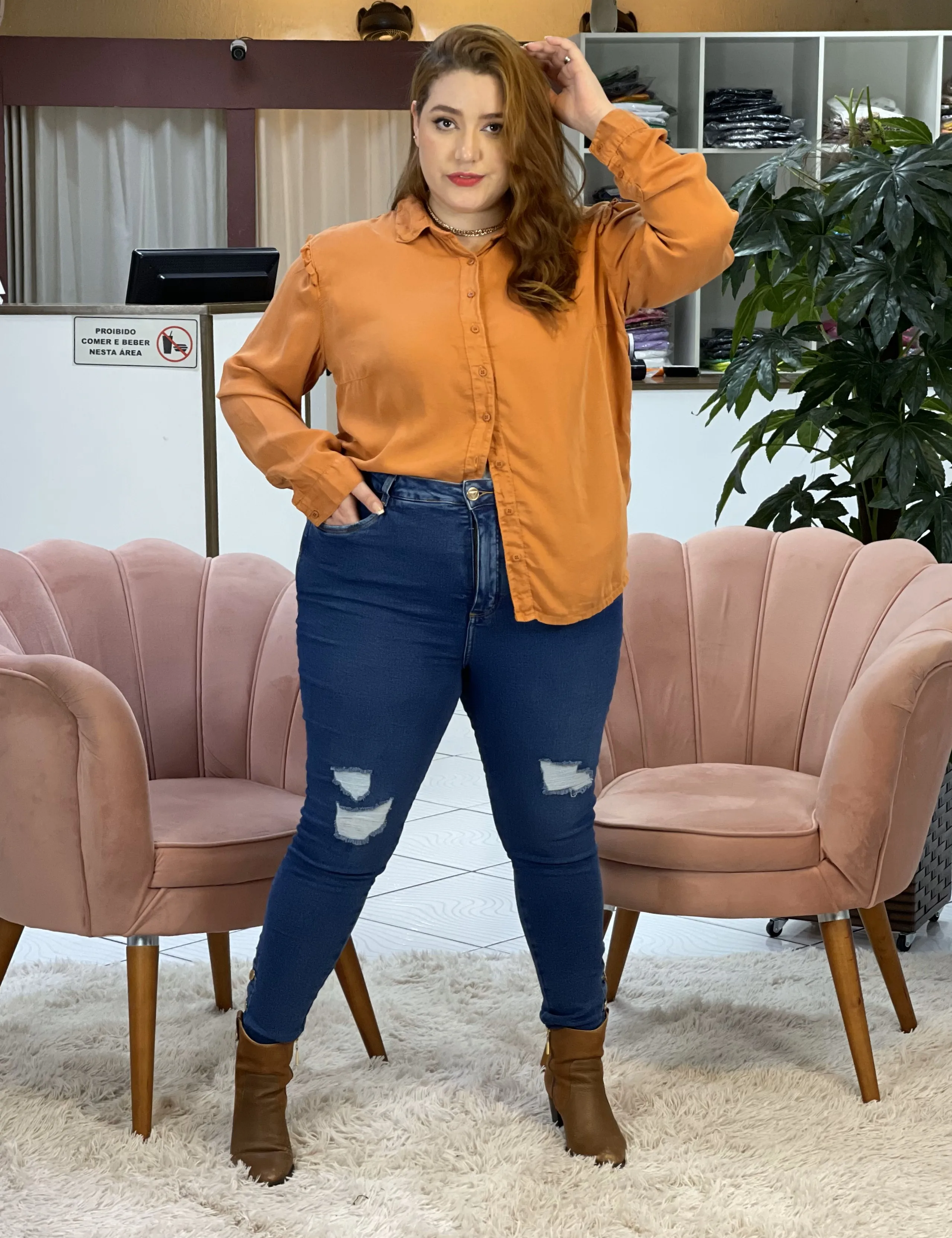 Women's Long Sleeve Plus Size Liocel Jeans Shirt with Ruffled Shoulder Detail Soft and Resistant Multi-color Fabric