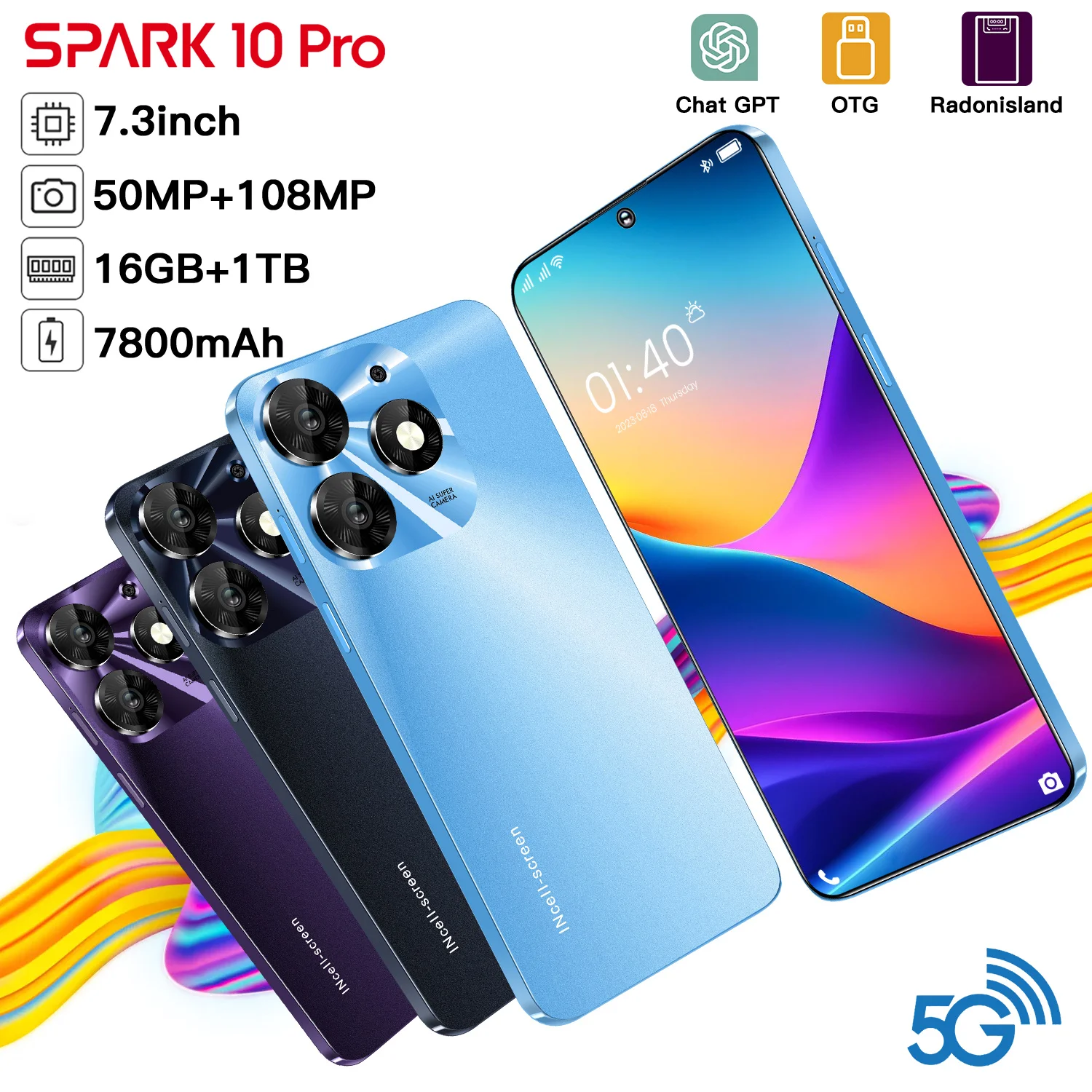 2025 Spark 10 Pro Smartphone 5G 7.3-inch 16GB+1TB Dual SIM 7800mAh 50+108MP Camera Original Mobile Phones Global Version