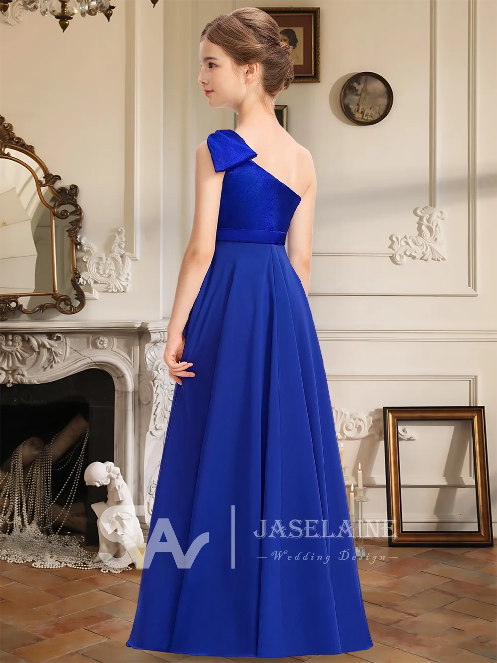 우아한 주니어 신부 들러리 드레스 새틴 한 어깨 바닥 길이 꽃의 소녀 드레스 라인 Pleated Bodice 웨딩 파티 가운