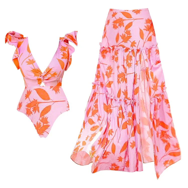 Women Vacation  Swimsuit and Skirt V-neck Orange Leaf Printed Print One Piece Beachwear Bathing Suit 2024 New 2PCS