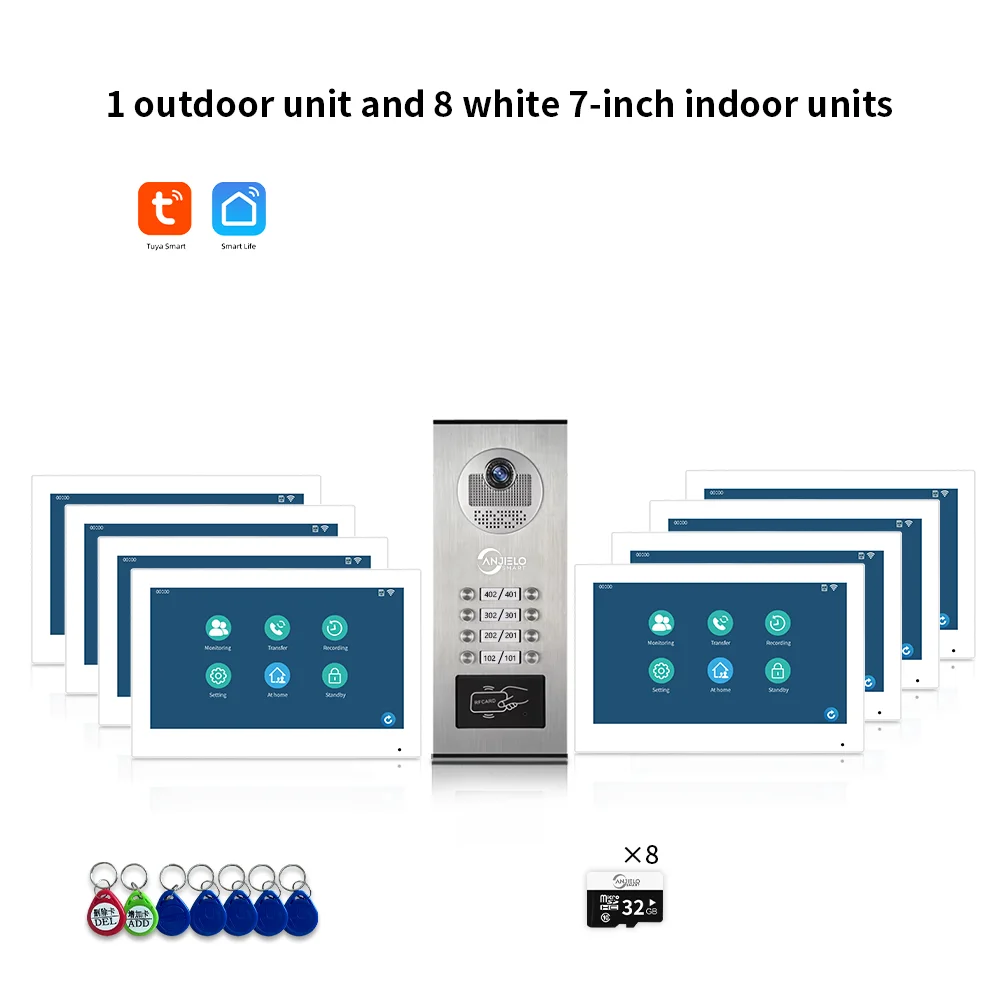 ANJIELO 7-inch 2/3/4/6/8/10/12-unit multi-unit deurbel video-intercomsysteem 1080P display Tuya slimme videodeurbel