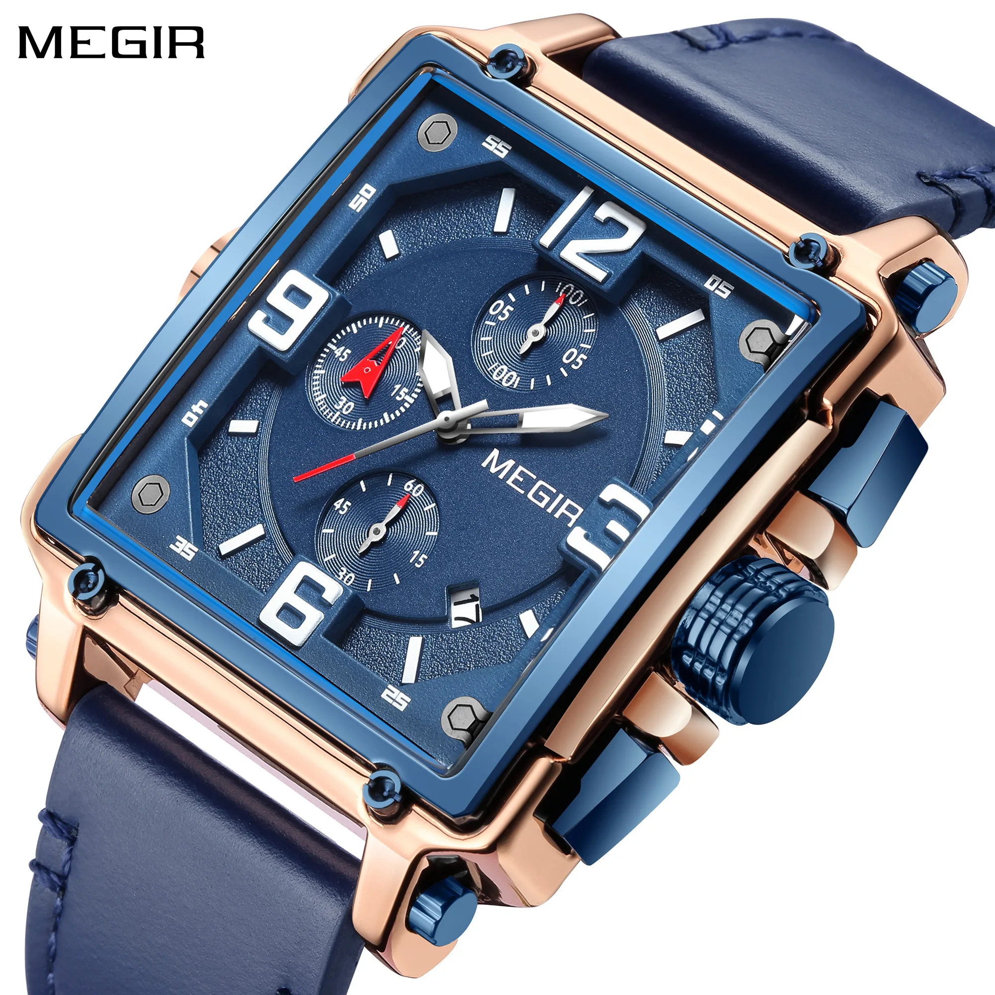 MEGIR Top Brand Watches for Men Waterproof Leather Quartz Wristwatch Luminous Chronograph Calendar Men Clock Reloj Hombre 2061