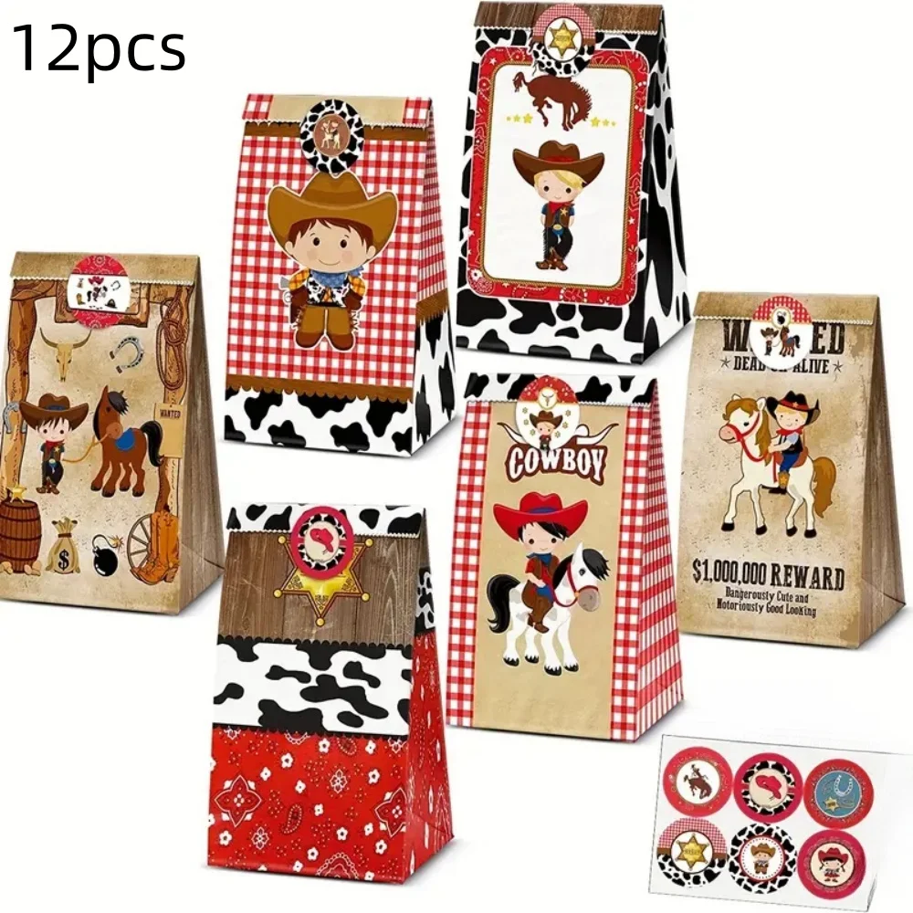 12pcs Western Cowboy themed gift bag, with foldable sticker sealing, suitable for packaging gifts, candies, various items, etc