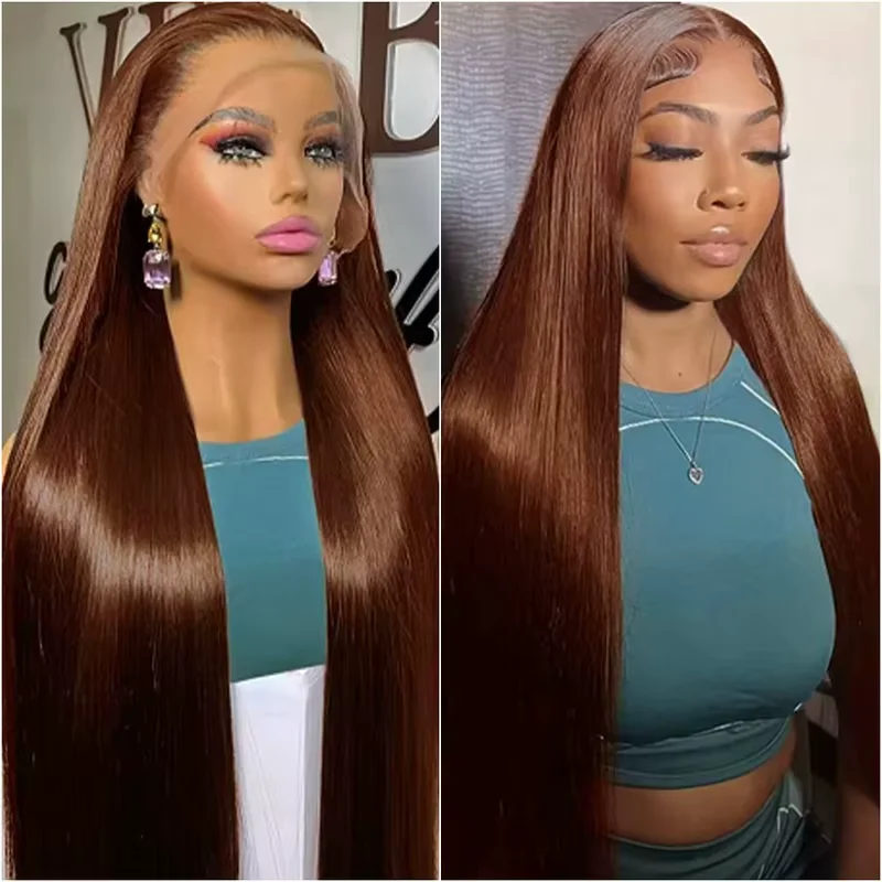 

30 Inches Chocolate Brown Lace Front 100% Human Hair Wig Pre Plucked Dark Brown Bone Straight 13x4 HD Lace Frontal Wigs
