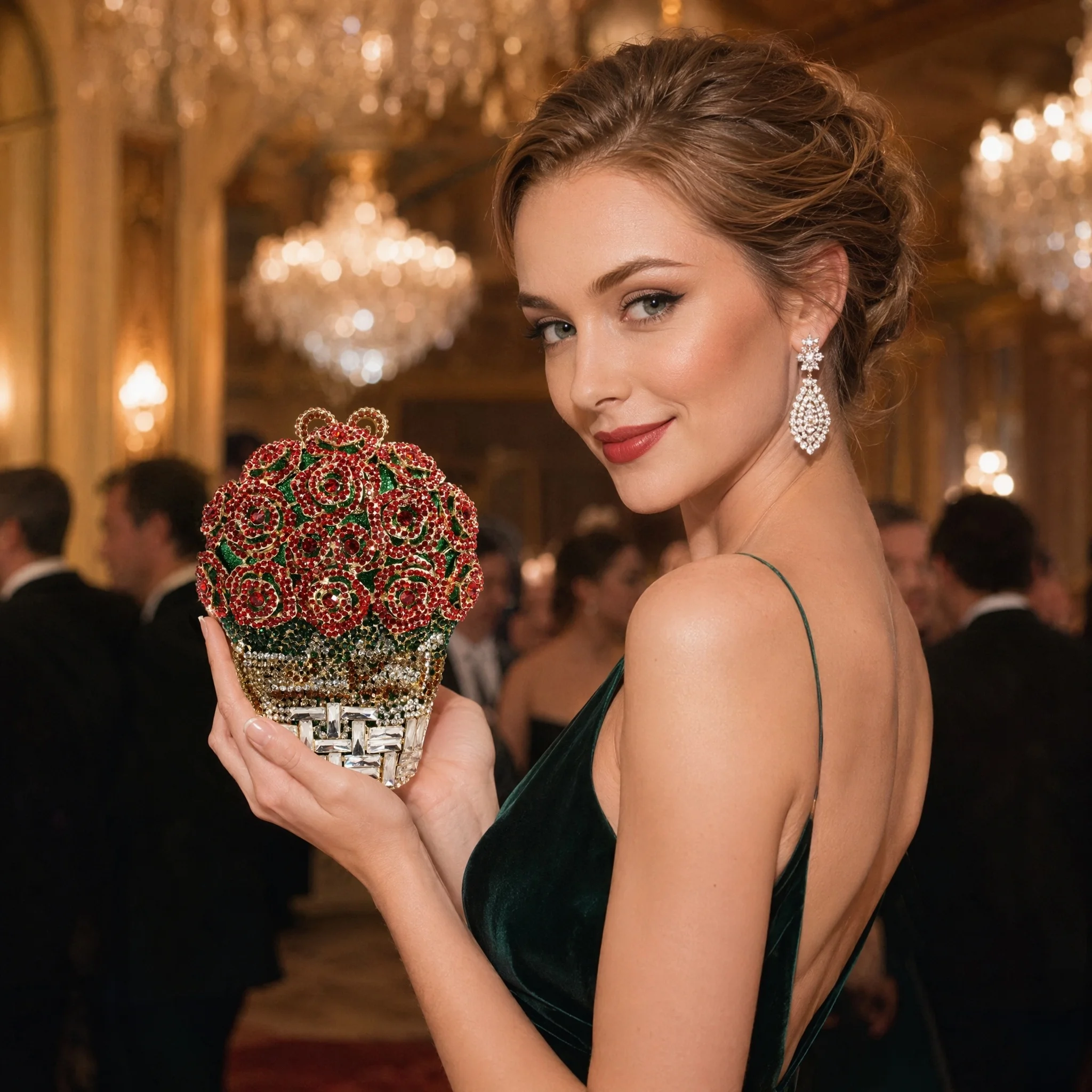 Rose Floral Rhinestone Clutch for Women Chic Crystal Flower Basket Evening Handbag Bridal Wedding Purse for Cocktail Party