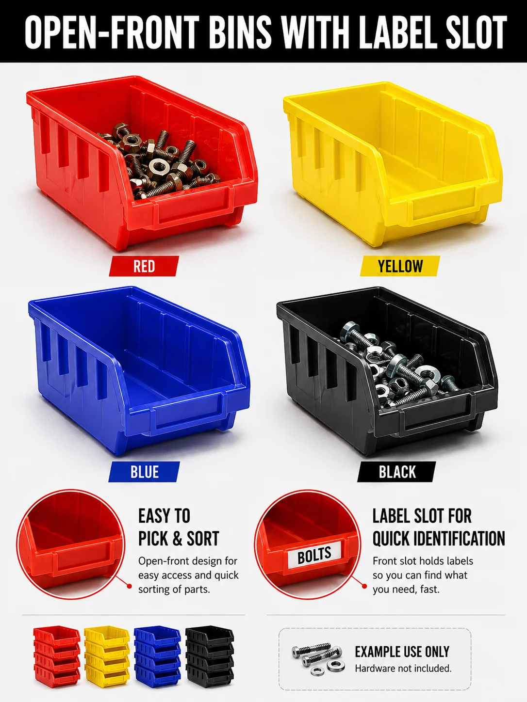 Wall Mounted Storage Bins Organizer Rack with 30 Dual Color Bins, Heavy Duty Plastic Hanging Parts Bin System, Garage Wall Hardware Holder for Screws Bolts Nuts Washers, Stackable Small Large Tool Containers for Workshop Shed DIY Craft Room