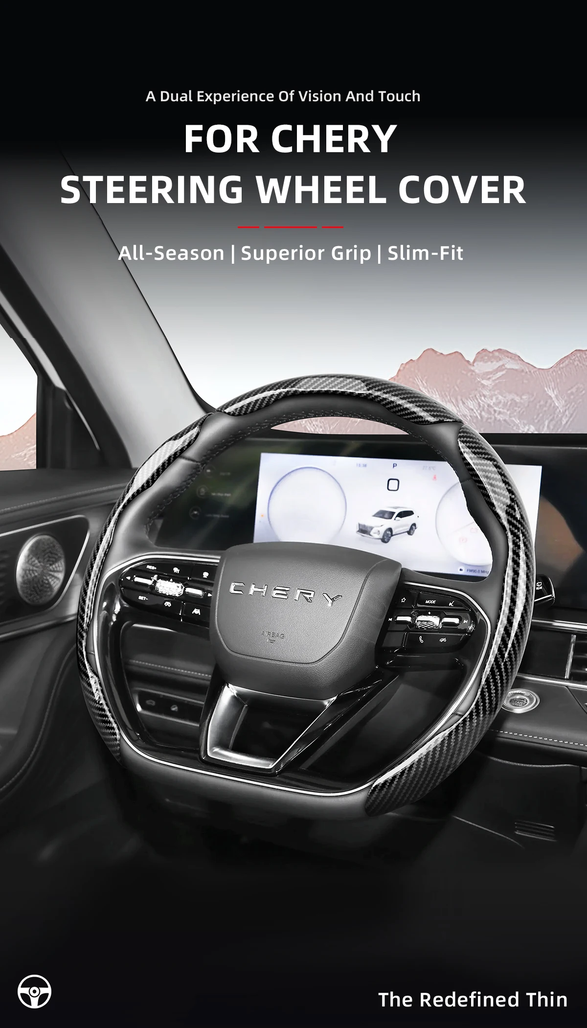 Passend für Chery Sporty Glänzende Carbonfaser-Textur Lenkradabdeckung mit Snap-On-Design für Tiggo 2 3 4 7 8 9 Pro Max Csh Arrizo 6 Cross C5 J6 E5 Omoda 5 Gt Eq7 Auto-Innenausstattung Schutzgehäuse – Detail 1