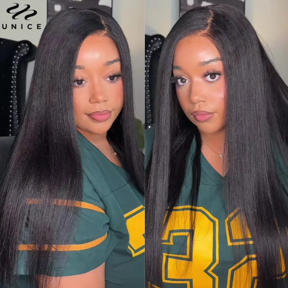 UNice Hair Wear Go Gluless Yaki Straight Wig 7x5 Lace Pre Cut Pre Bleached Human Hair Lace Front Wig Готов к ношению 150% Плотность