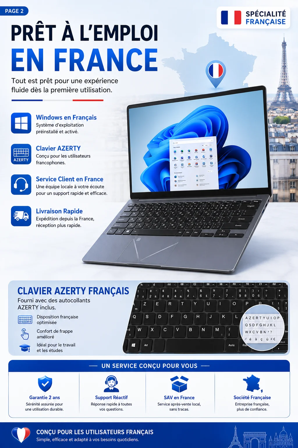 15.6-inch Full HD IPS Laptop with Intel Core i3, Windows 11 Pro, 16 GB RAM, 512 GB SSD, Wi‑Fi 5, Bluetooth 5.0, French keyboard, keyboard protective film, fingerprint reader, lightweight laptop for students, work, and desk use, 1920x1080 display