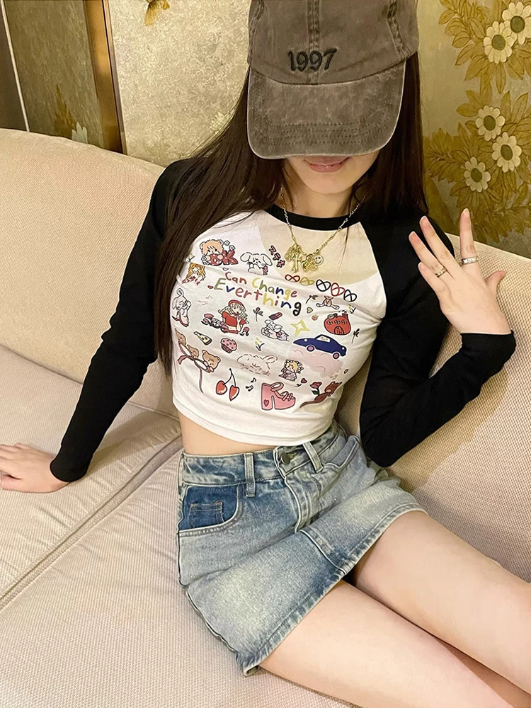 Women T-shirts Long Sleeves Y2K O-Neck New Summer Streetwear Crop Top Print Graphic White Slim Harajuku Aesthetic Female Tees