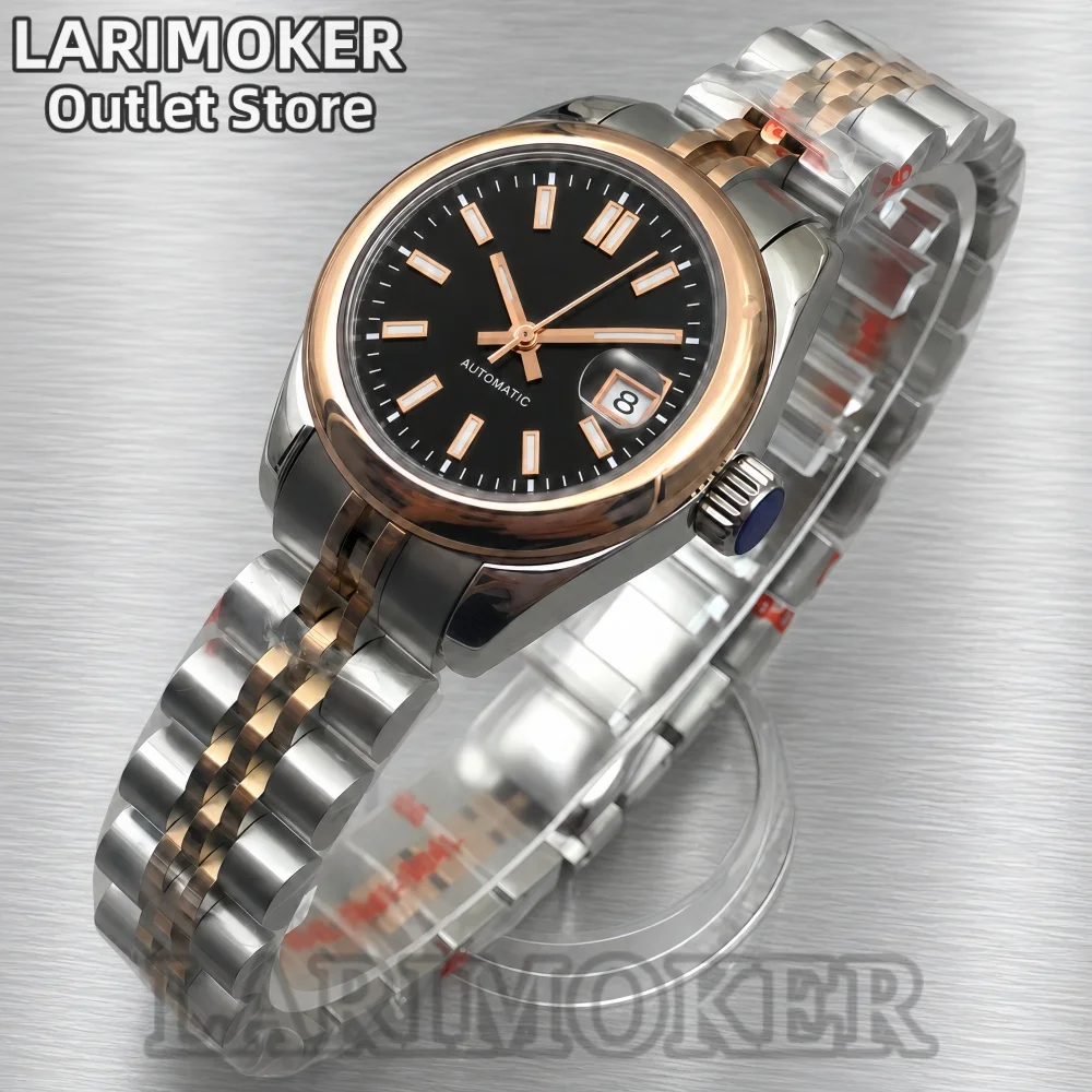 LARIMOKER 28mm Women's NH05 Automatic Watch Black Dial Two-Tone Rose Gold Stainless Steel Bracelet Sapphire Glass Date Magnifier