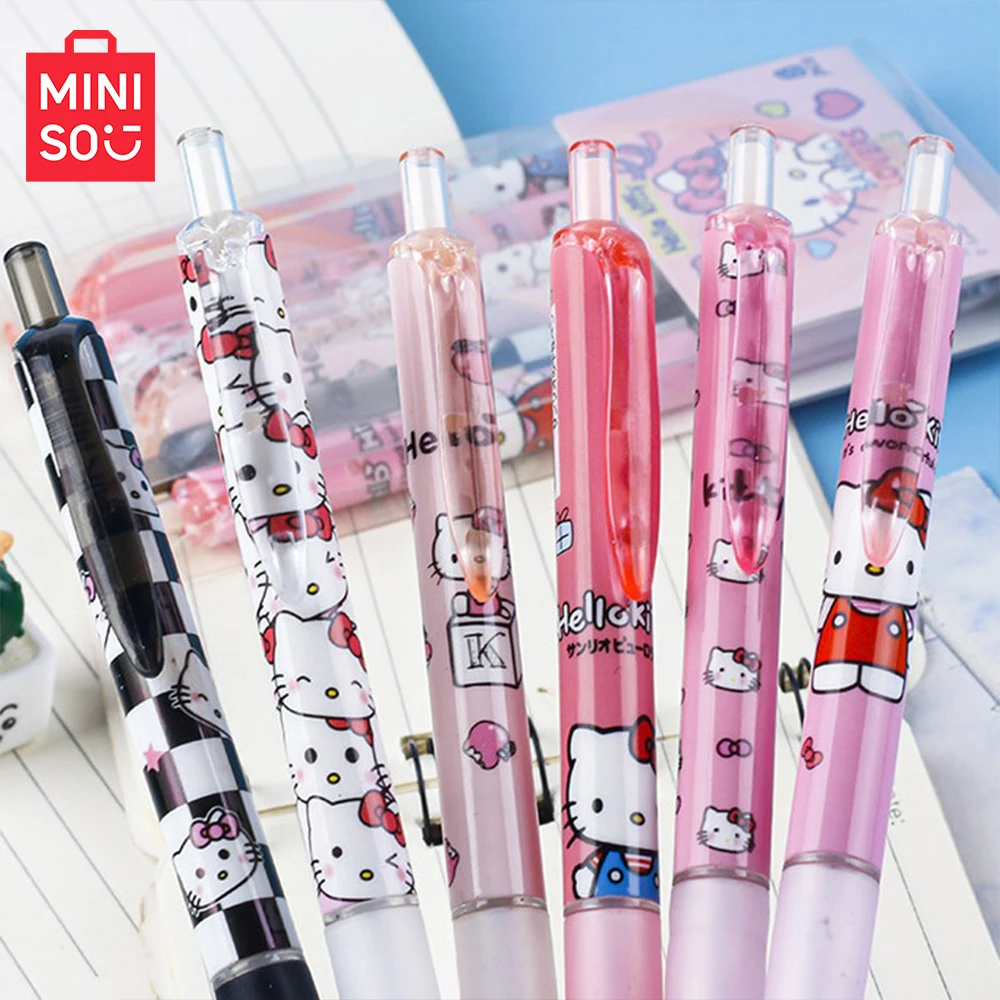 Miniso 6pcs Hello Kitty 、Kuromi Quick-Dry Black Push-Button Gel Pens Stationery, Office Supplies